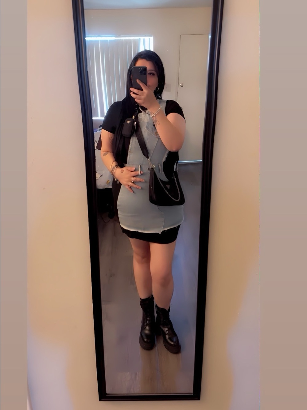 ILlord Black Tee Layered with Light Blue Denim Overall Dress